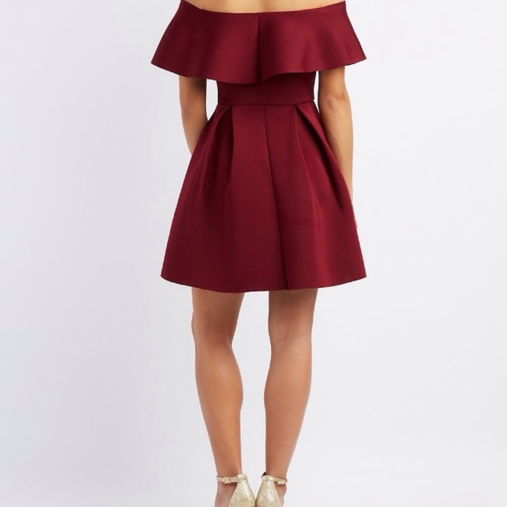 NWT Off Shoulder Burgundy Ruffle Fit Flare Dress - Picture 2 of 2